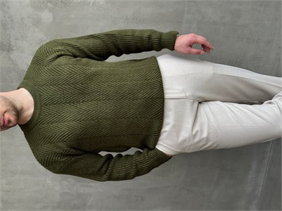 Erkek Ketench Özel Koleksiyon Oversize Kalıp Bsiklet Yaka Desenli Triko Kazak-Haki(E1548)