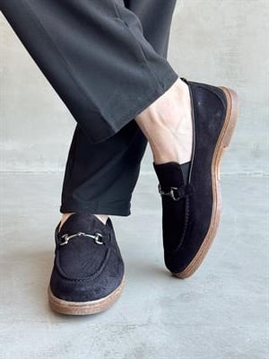 Erkek Ketench Özel Üretim Klasik Model %100 Deri Süet Toka Detaylı Loafer Ayakkabı-Siyah(E1684)