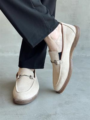 Erkek Ketench Özel Üretim Klasik Model %100 Deri Süet Toka Detaylı Loafer Ayakkabı-Bej(E1684)Ketench
