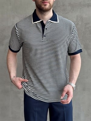 Erkek Kombinlenebilir Oversize Kalıp Çizgi Detaylı Polo Yaka Triko T-Shirt-Lacivert(E1768)
