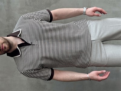 Erkek Kombinlenebilir Oversize Kalıp Çizgi Detaylı Polo Yaka Triko T-Shirt-Kahverengi(E1768)