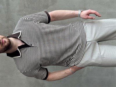 Erkek Kombinlenebilir Oversize Kalıp Çizgi Detaylı Polo Yaka Triko T-Shirt-Kahverengi(E1768)