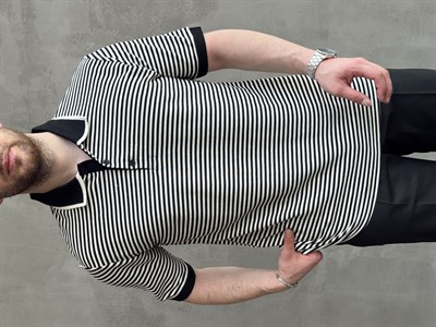 Erkek Kombinlenebilir Oversize Kalıp Çizgi Detaylı Polo Yaka Triko T-Shirt-Siyah(E1768)