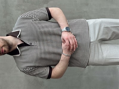 Erkek Kombinlenebilir Oversize Kalıp Çizgi Detaylı Polo Yaka Triko T-Shirt-Kahverengi(E1768)