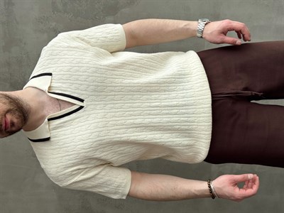Erkek Kombinlenebilir Yaka Şerit Detaylı Desenli Polo Yaka Triko T-Shirt-Krem(E1727)