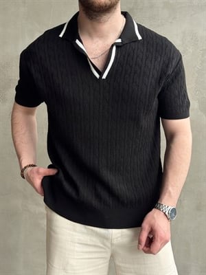 Erkek Kombinlenebilir Yaka Şerit Detaylı Desenli Polo Yaka Triko T-Shirt-Siyah(E1727)