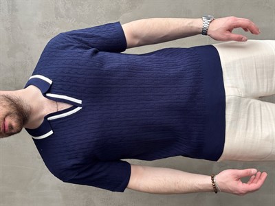 Erkek Kombinlenebilir Yaka Şerit Detaylı Desenli Polo Yaka Triko T-Shirt-Lacivert(E1727)