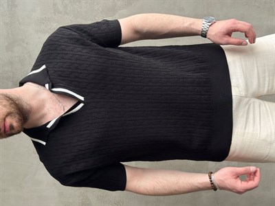 Erkek Kombinlenebilir Yaka Şerit Detaylı Desenli Polo Yaka Triko T-Shirt-Siyah(E1727)