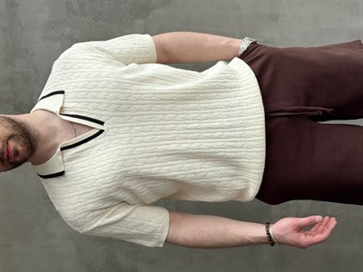 Erkek Kombinlenebilir Yaka Şerit Detaylı Desenli Polo Yaka Triko T-Shirt-Krem(E1727)