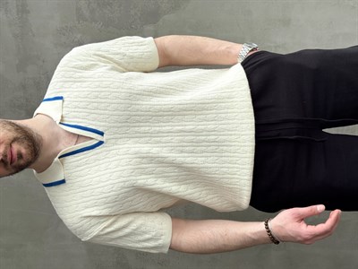Erkek Kombinlenebilir Yaka Şerit Detaylı Desenli Polo Yaka Triko T-Shirt-Mavi(E1727)
