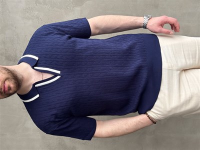 Erkek Kombinlenebilir Yaka Şerit Detaylı Desenli Polo Yaka Triko T-Shirt-Lacivert(E1727)