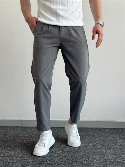 Erkek Modern Çizgili Boyfriend Kalıp Pile Detay Kumaş Pantolon-Füme(E1418)Ketench