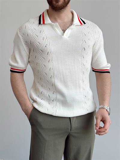 Erkek Numaralandırılmış Özel Seri Çizgi Detay Oversize Kalıp Polo Yaka Triko T-Shirt-Beyaz(E1375)
