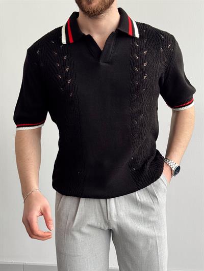 Erkek Numaralandırılmış Özel Seri Çizgi Detay Oversize Kalıp Polo Yaka Triko T-Shirt-Siyah(E1375)