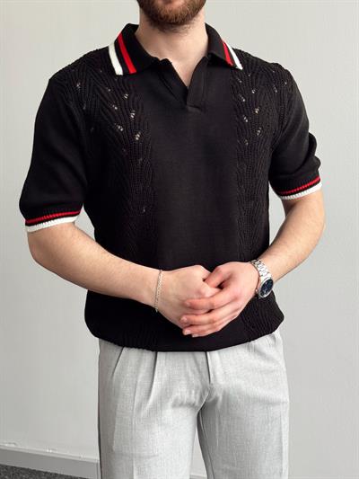 Erkek Numaralandırılmış Özel Seri Çizgi Detay Oversize Kalıp Polo Yaka Triko T-Shirt-Siyah(E1375)