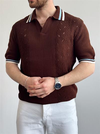 Erkek Numaralandırılmış Özel Seri Çizgi Detay Oversize Kalıp Polo Yaka Triko T-Shirt-Kahverengi/Mavi(E1375)