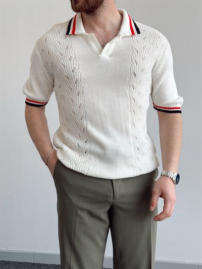 Erkek Numaralandırılmış Özel Seri Çizgi Detay Oversize Kalıp Polo Yaka Triko T-Shirt-Beyaz(E1375)