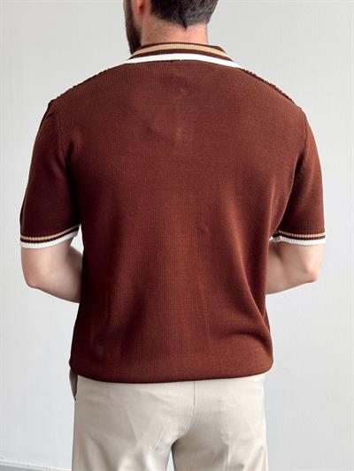 Erkek Numaralandırılmış Özel Seri Çizgi Detay Oversize Kalıp Polo Yaka Triko T-Shirt-Kahverengi/Bej(E1375)