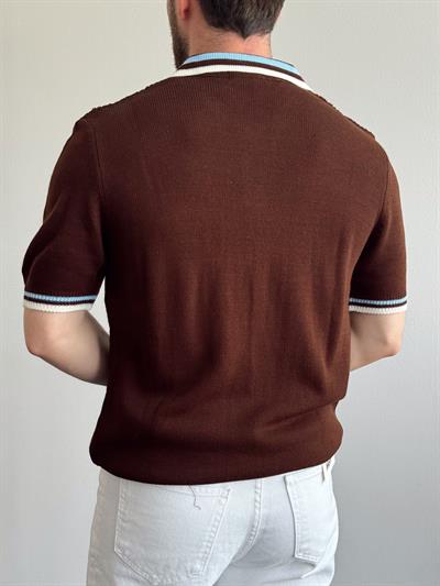 Erkek Numaralandırılmış Özel Seri Çizgi Detay Oversize Kalıp Polo Yaka Triko T-Shirt-Kahverengi/Mavi(E1375)