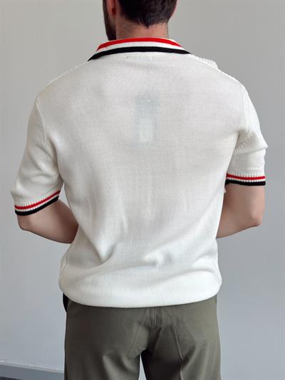Erkek Numaralandırılmış Özel Seri Çizgi Detay Oversize Kalıp Polo Yaka Triko T-Shirt-Beyaz(E1375)