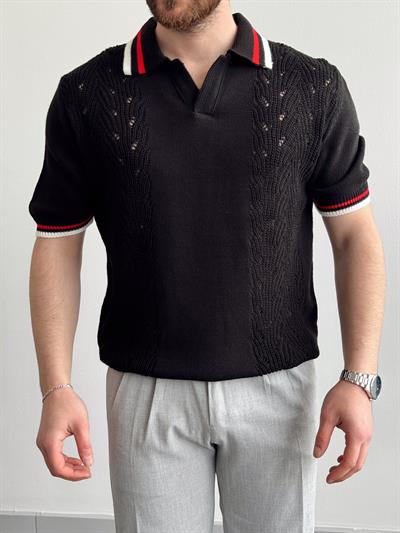 Erkek Numaralandırılmış Özel Seri Çizgi Detay Oversize Kalıp Polo Yaka Triko T-Shirt-Siyah(E1375)