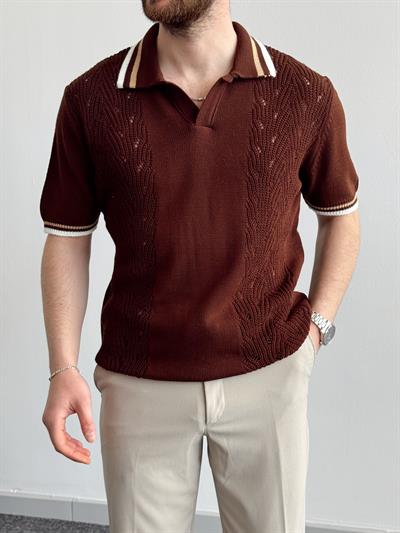 Erkek Numaralandırılmış Özel Seri Çizgi Detay Oversize Kalıp Polo Yaka Triko T-Shirt-Kahverengi/Bej(E1375)