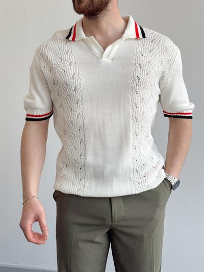 Erkek Numaralandırılmış Özel Seri Çizgi Detay Oversize Kalıp Polo Yaka Triko T-Shirt-Beyaz(E1375)
