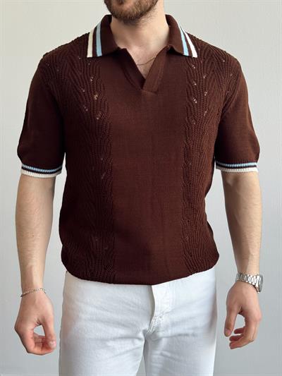 Erkek Numaralandırılmış Özel Seri Çizgi Detay Oversize Kalıp Polo Yaka Triko T-Shirt-Kahverengi/Mavi(E1375)
