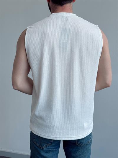 Erkek Numaralandırılmış Özel Seri Fitil Detay Oversize Kalıp Bisiklet Yaka Sıfır Kol T-Shirt-Beyaz(E1382)