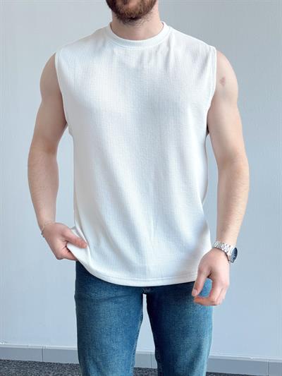 Erkek Numaralandırılmış Özel Seri Fitil Detay Oversize Kalıp Bisiklet Yaka Sıfır Kol T-Shirt-Beyaz(E1382)