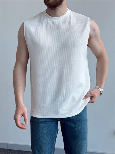 Erkek Numaralandırılmış Özel Seri Fitil Detay Oversize Kalıp Bisiklet Yaka Sıfır Kol T-Shirt-Beyaz(E1382)