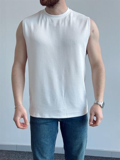 Erkek Numaralandırılmış Özel Seri Fitil Detay Oversize Kalıp Bisiklet Yaka Sıfır Kol T-Shirt-Beyaz(E1382)