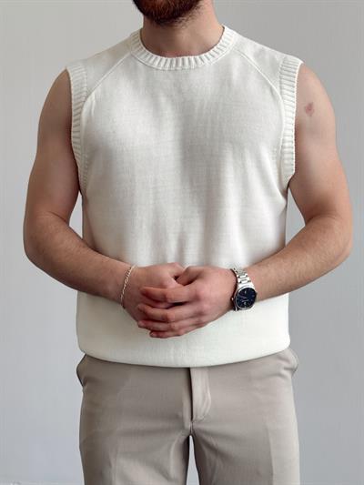 Erkek Numaralandırılmış Özel Seri Oversize Kalıp Bisiklet Yaka Sıfır Kol Triko T-Shirt-Ekru(E1380)