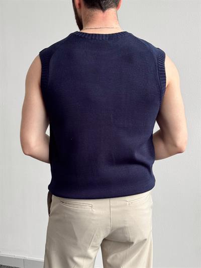 Erkek Numaralandırılmış Özel Seri Oversize Kalıp Bisiklet Yaka Sıfır Kol Triko T-Shirt-Lacivert(E1380)