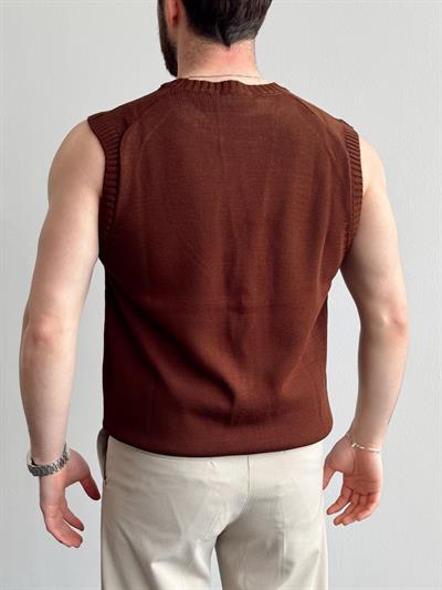 Erkek Numaralandırılmış Özel Seri Oversize Kalıp Bisiklet Yaka Sıfır Kol Triko T-Shirt-Kahverengi(E1380)
