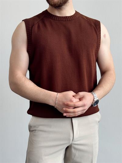 Erkek Numaralandırılmış Özel Seri Oversize Kalıp Bisiklet Yaka Sıfır Kol Triko T-Shirt-Kahverengi(E1380)