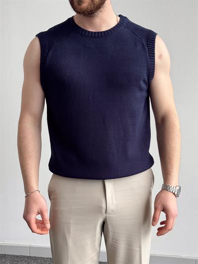 Erkek Numaralandırılmış Özel Seri Oversize Kalıp Bisiklet Yaka Sıfır Kol Triko T-Shirt-Lacivert(E1380)