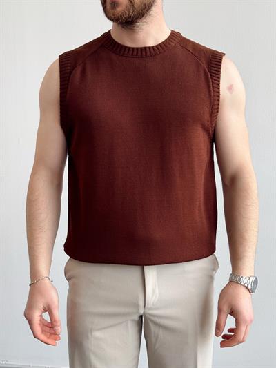Erkek Numaralandırılmış Özel Seri Oversize Kalıp Bisiklet Yaka Sıfır Kol Triko T-Shirt-Kahverengi(E1380)