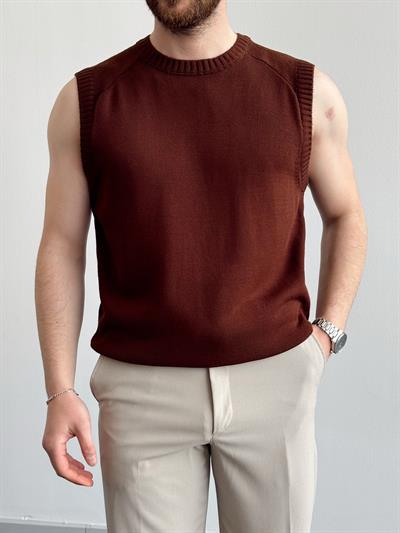 Erkek Numaralandırılmış Özel Seri Oversize Kalıp Bisiklet Yaka Sıfır Kol Triko T-Shirt-Kahverengi(E1380)