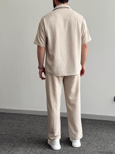 Erkek Numaralandırılmış Özel Seri Oversize Kalıp Cep Detay Gömlek Beli Lastik Detay Pantolon Takım-Vizon(E1383)