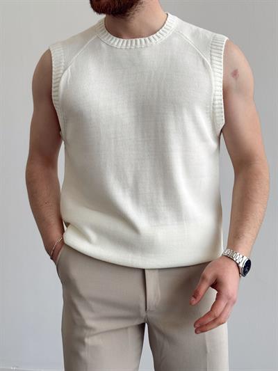 Erkek Numaralandırılmış Özel Seri Oversize Kalıp Bisiklet Yaka Sıfır Kol Triko T-Shirt-Ekru(E1380)