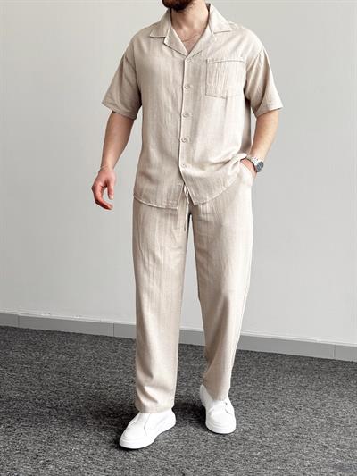 Erkek Numaralandırılmış Özel Seri Oversize Kalıp Cep Detay Gömlek Beli Lastik Detay Pantolon Takım-Vizon(E1383)