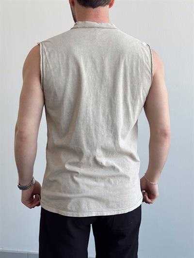 Erkek Numaralandırılmış Özel Seri Yıkama Detay Bisiklet Yaka Oversize Kalıp Sıfır Kol T-Shirt-Bej(E1376)
