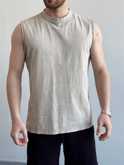 Erkek Numaralandırılmış Özel Seri Yıkama Detay Bisiklet Yaka Oversize Kalıp Sıfır Kol T-Shirt-Bej(E1376)