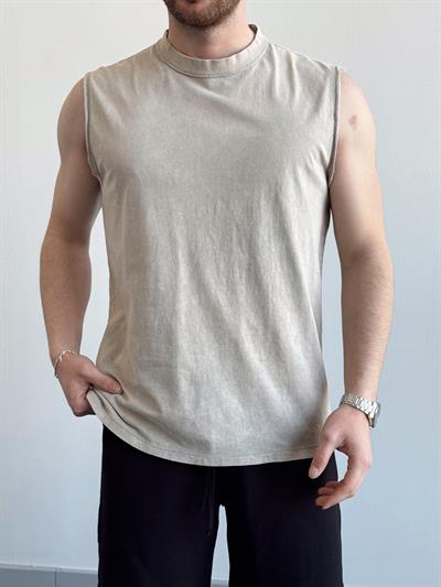 Erkek Numaralandırılmış Özel Seri Yıkama Detay Bisiklet Yaka Oversize Kalıp Sıfır Kol T-Shirt-Bej(E1376)