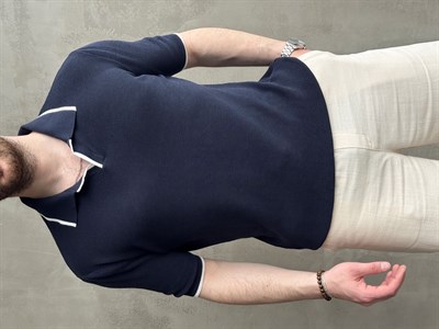 Erkek Ofis Stili Yaka Çizgi Detaylı Regular Kalıp Polo Yaka Triko T-Shirt-Lacivert(E1728)