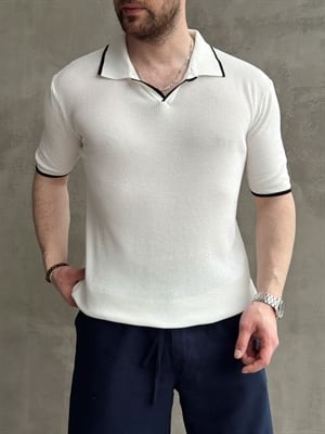 Erkek Ofis Stili Yaka Çizgi Detaylı Regular Kalıp Polo Yaka Triko T-Shirt-Beyaz(E1728)