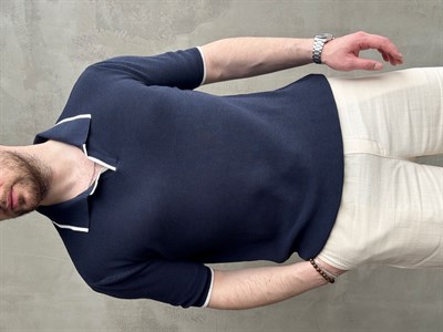 Erkek Ofis Stili Yaka Çizgi Detaylı Regular Kalıp Polo Yaka Triko T-Shirt-Lacivert(E1728)