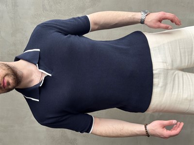 Erkek Ofis Stili Yaka Çizgi Detaylı Regular Kalıp Polo Yaka Triko T-Shirt-Lacivert(E1728)