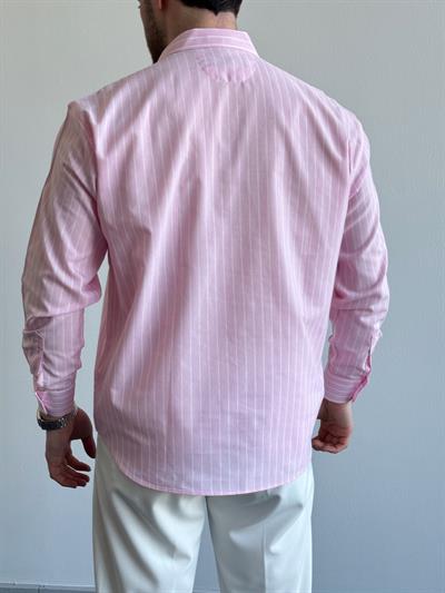 Erkek Özel Davet İle Satışa Sunuldu Oversize Kalıp Çizgi Detaylı Gömlek-Pembe(E1306)